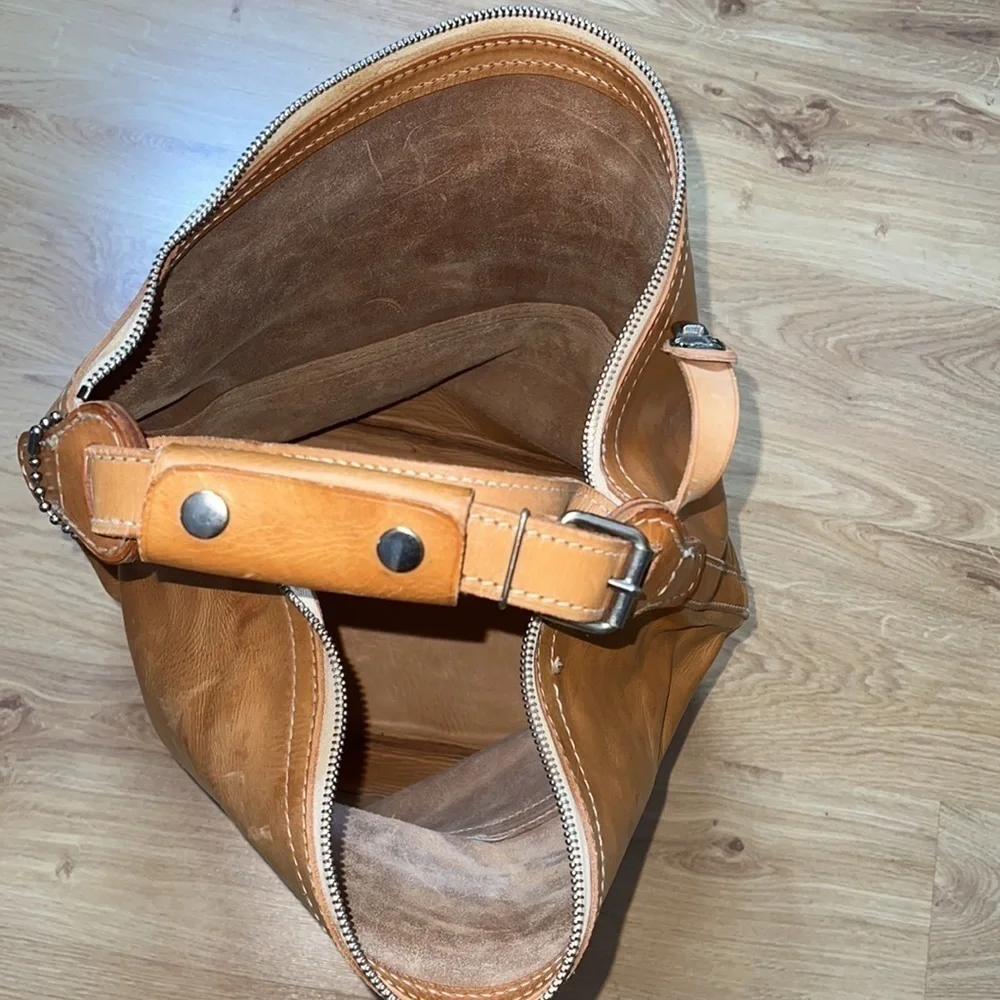 Large Tall Belting Leather Zip Tongue Groove Closure Hand Crossbody Bucket Bag